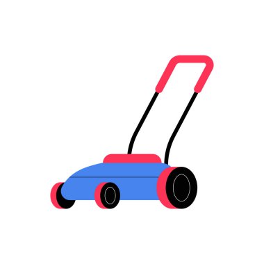 Kırmızı saplı ve mavi tabanlı modern bir çim biçme makinesi, bahçeciliği, peyzajı ve temiz ve düzenli alanların bakımını sembolize ediyor..
