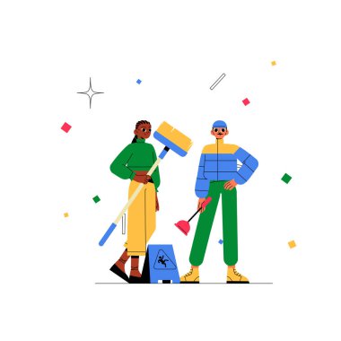 A male and female cleaner with mops and a caution sign, symbolizing professional janitorial services and hygiene, set in a clean and minimalistic environment. clipart