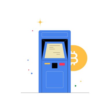 Ekran ve kripto para birimi sembolü ile gösterilen Bitcoin ATM dijital finans, kripto para birimi işlemleri ve modern ödeme yöntemlerini sembolize eder.
