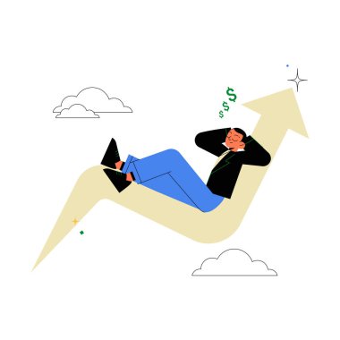 A man lounging on a large upward arrow with dollar signs, symbolizing financial growth, investment success, and economic achievement. clipart