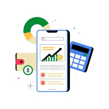 Haritalar ve simgelerle şifreli bir cüzdan uygulaması gösteren akıllı telefon, güvenli ödemeleri, dijital finansmanı ve kripto para yönetimi sembolize ediyor.