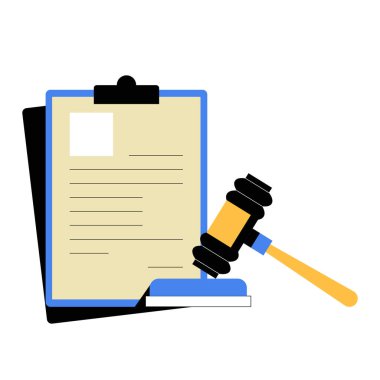 Gavel, yasal anlaşmaları, yargı otoritesini ve kolluk kuvvetlerini sembolize eden, beyaz arka planda izole edilmiş resmi kararları temsil eden bir belgenin yanına yerleştirildi..