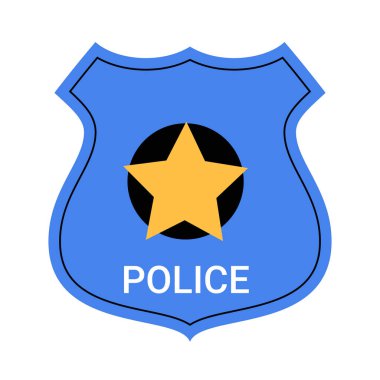 Merkezinde sarı bir yıldız olan mavi polis rozeti, kolluk kuvvetlerini, otoriteyi, güvenliği ve halkın güvenliğini simgeliyor, beyaz bir arka planda izole edilmiş..