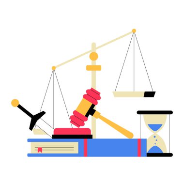 Adalet ile ilgili objeler arasında tokmak, terazi, kılıç, hukuk kitapları ve kum saati var. Beyaz bir arka planda izole edilmiş yasal otorite, adalet ve düzeni sembolize ediyor..