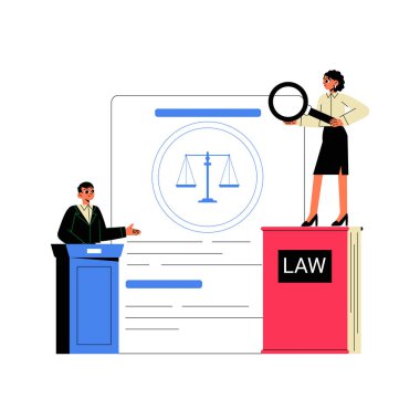 Male lawyer presenting a case at the podium while a female analyst examines a law book and court document, symbolizing advocacy and legal analysis. clipart