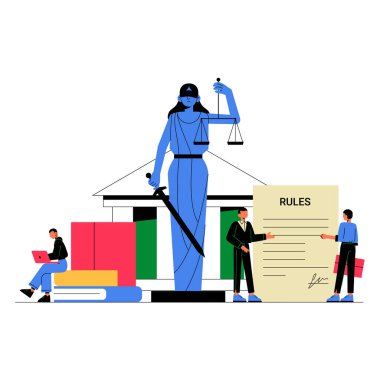 Adalet Anıtı, adalet, adalet ve hukuki ilkeleri simgeleyen kitap ve kural belgeleriyle bir adliyenin önünde bir kılıç ve terazi tutuyor..