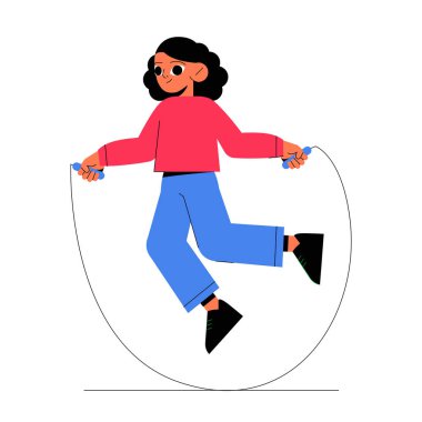 Genç kız aktif olarak ip atlıyor, günlük kıyafetler giyiyor, dışarıda egzersiz yaparken gülümsüyor, sağlık, spor ve oyunculuğu sembolize ediyor, beyaz arka planda izole edilmiş..