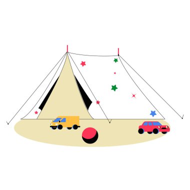 Oyuncak arabalarla dolu bir kamp çadırının ve yıldızlarla çevrili bir topun tasviri, açık hava oyun zamanını, çocukluk macerasını ve aile kamp aktivitelerini sembolize ediyor..