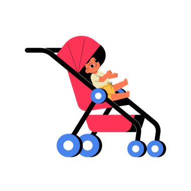 Kırmızı bir bebek arabasında rahat bir şekilde oturan mavi tekerlekleri olan, yürüyüşe hazır bir bebek. Ebeveynliği, çocuk hareketliliğini ve aile bakımını sembolize eden düz vektör çizimi.