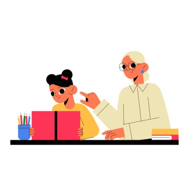 Masasında ödevlerini yapan genç bir kıza kitaplar ve kalemlerle yardım eden, akıl hocalığı, eğitim ve akademik rehberliği sembolize eden bir bayan öğretmen.