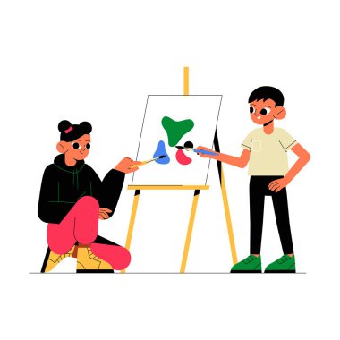 İki çocuk bir tuvalde resim yapıyor, renkleri ve araçları paylaşıyor, bir sanat projesinden zevk alırken gülümsüyor, takım çalışmasını, yaratıcılığı ve sanat değerini simgeliyor..