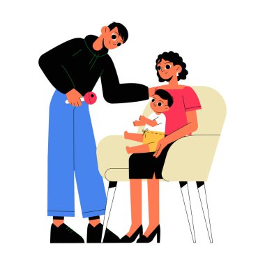 Bir baba, evde rahat bir ortamda annesinin kucağında oturan bir bebekle şakalaşarak aile zamanını, ebeveynliği ve bakımı sembolize eder..