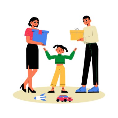 Happy family celebrating with parents giving gifts to their daughter, who is excited and joyful, with a toy car on the floor. Flat vector illustration about celebration and family bonding. clipart