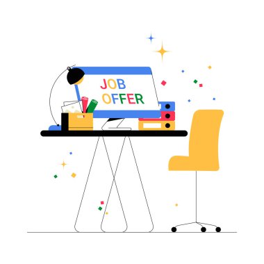 İş ilanı, ofis malzemeleri ve profesyonel iş yeri ortamında bir sandalye sunan bilgisayarlı bir masa, istihdam olanaklarını ve iletişim olanaklarını sembolize ediyor.