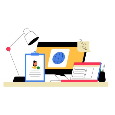 Özgeçmişi, bilgisayarı ve masaüstü bilgisayar ekranı olan bir masaüstü kurulumu. Dünya 'yı, iş aramasını, işe alım araçlarını ve kariyer fırsatlarını sembolize ediyor..