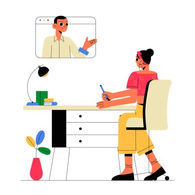 Bir kadın karakter, sanal iletişim, uzaktan çalışma ve dijital işbirliğini sembolize ederek bir bilgisayar ekranında görüntülenen çevrimiçi bir toplantıya katılırken masada oturur..