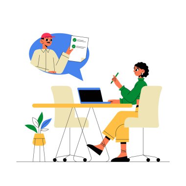 Dizüstü bilgisayarı ve sanal iletişim balonuyla çalışan bir kadın profesyonel. Uzaktan işe alma, çevrimiçi eleman alma ve sanal röportajları temsil eder.