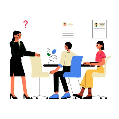 Bir ofis ortamında oturan iki takım üyesiyle iletişim ve karar verme mekanizmasını sembolize eden bir kadın yöneticinin tartıştığı bir iş görüşmesi..