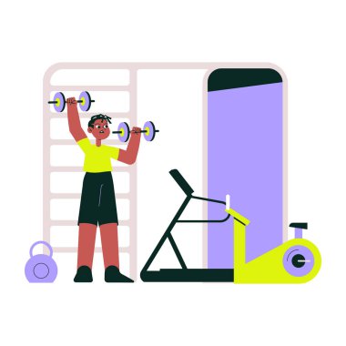 Spor salonundaki dambıllar kaldırılıyor. Koşu bandı, durağan bisiklet ve yakınlardaki kettlebell ile. Dayanıklılık eğitimini, uygunluğu ve egzersiz rutinlerini temsil eden izole düz vektör çizimi.