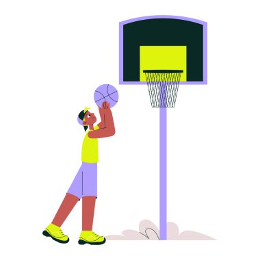Basketbolcu dışarıda oynanan bir maçta potaya doğru basket atıyor. Basketbol, fiziksel aktivite ve gençlik sporlarını temsil eden izole edilmiş düz vektör çizimi.