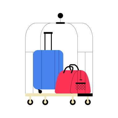 Mavi bavul ve kırmızı çantalar taşıyan bir bagaj arabası. Seyahat ve otel hizmetlerini simgeliyor. Zarif araba tasarımı konukseverliği ve kolaylığı vurguluyor.