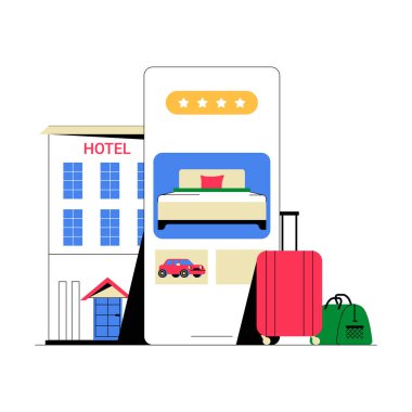 Akıllı telefonlu bir otel binasında seyahat uygulaması ve bavulu, turizmi, konukseverliği ve modern rezervasyon sistemlerini sembolize ediyor..
