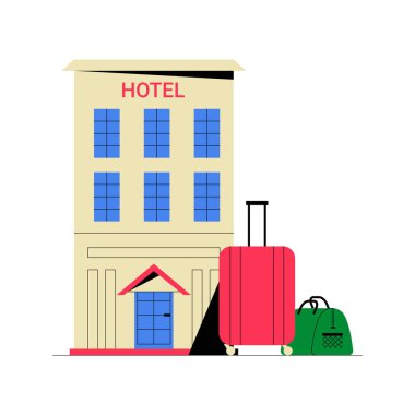 Büyük pencereli bir otel binası ve yanında bavul ve spor çantasıyla birlikte kırmızı bir tabela seyahat ve konaklama sembolize ediyor..