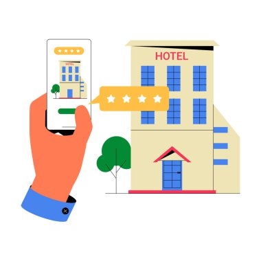 Otel binasının yanında beş yıldızlı otel değerlendirmelerini gösteren akıllı telefon, müşteri geri bildirimini ve konukseverlik sektöründeki dijital reytingleri sembolize ediyor..