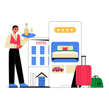 Mobil uygulama arayüzünün yanında içki servisi yapan erkek otel personeli otel rezervasyon seçeneklerini gösteriyor, mükemmel servisi ve müşteri değerlendirmelerini simgeliyor.