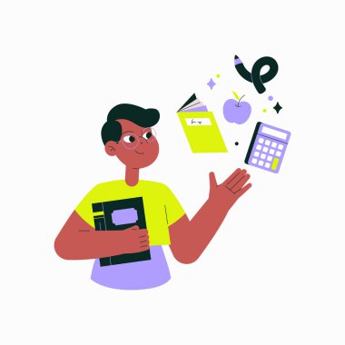 Young male student holding a notebook while surrounded by floating school supplies, including a calculator, apple, and notebook, symbolizing education, creativity, and preparation, isolated clipart