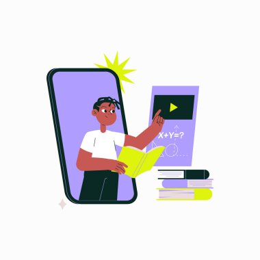 Male student reading from a book while interacting with an educational video on a mobile phone screen, representing e learning, digital education, and knowledge, flat vector illustration. clipart