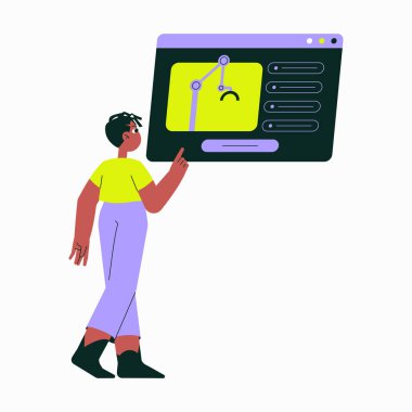 Bir erkek karakter dijital bir ekranı işaret ederek veri analizlerini grafiksel bir temsille, kullanıcı etkileşimini ve modern teknolojiyi sembolize ederek gösterir..