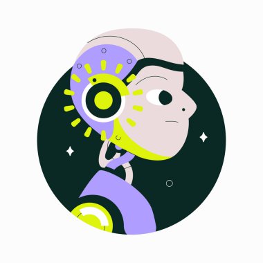 Parlak ışıkları ve görünür vitesleri olan robot profili, teknolojik gelişmeyi, yapay zekayı ve gelecekteki yenilikçiliği sembolize ediyor..