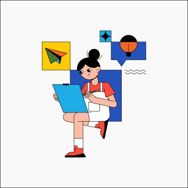 Bir kadın içerik yaratıcısı fikirlerini bir tablet üzerinde değerlendirir, yaratıcılığı, içerik stratejisini ve medya planlamasını sembolize eder, düz vektör çiziminde, beyaz arka planda izole edilmiş..