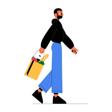 Genç bir adam alışveriş, günlük ayak işleri ve sağlıklı yaşamı sembolize eden, günlük kıyafetlerle dolu taze ürünler ve temel ihtiyaçlarla dolu bir market poşeti taşırken yürüyor..