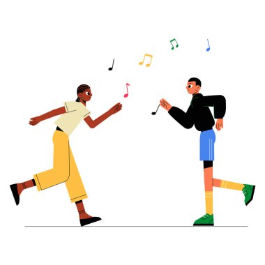 Açık havada dans eden iki kişi, müzik dinlerken, günlük kıyafetler giyiyorlar, neşeyi, arkadaşlığı ve eğlence aktivitelerini sembolize ediyorlar, beyaz arka planda soyutlanmışlar..