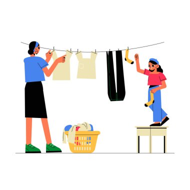 Çamaşır ipine çamaşır asmak için birlikte çalışan bir anne ve kız yakınlarda çamaşır sepeti, takım çalışmasını, ev işlerini ve aile bağlarını sembolize ediyor..