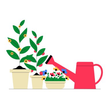 Çiçekleri açan kırmızı bir sulama kutusu ve saksı bitkileri, bahçe ve doğa bakımını sembolize ediyor. Büyümeyi ve sürdürülebilirliği vurgulayan canlı yeşillik ve saksılar.