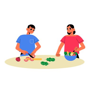 Sebze doğrayan bir adam ve salatayı kasede karıştıran bir kadın ev yemeklerini, takım çalışmalarını ve beyaz arka planda izole edilmiş sağlıklı yeme alışkanlıklarını temsil ediyor..