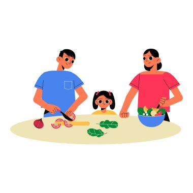İki yetişkin ve bir çocuklu bir aile birlikte yemek hazırlıyor, sebze doğruyor ve kase kullanıyor, takım çalışmasını, sağlıklı beslenmeyi ve aile bağlarını simgeliyor..