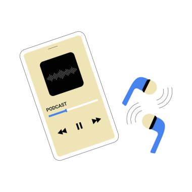 Smartphone displaying a podcast app interface with wireless earphones emitting sound waves, symbolizing audio streaming, technology, and modern entertainment. clipart