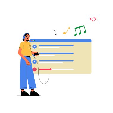 Bir dijital müzik çalar arayüzü ile etkileşime girerken, müzik dinlemekten hoşlanan kadın karakter, akışı, teknolojiyi ve rahatlamayı sembolize ediyor.