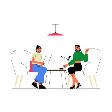 Two female podcasters seated in a studio with a microphone and laptop, engaging in a creative discussion, symbolizing collaboration and podcast creation. clipart