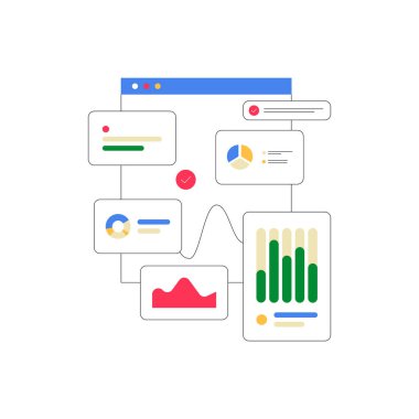 Çeşitli grafik ve grafiklerden oluşan bir veri analizi paneli, iş ölçümlerinin, sezgilerin ve performans analizlerinin görselleştirilmesini sembolize eder.