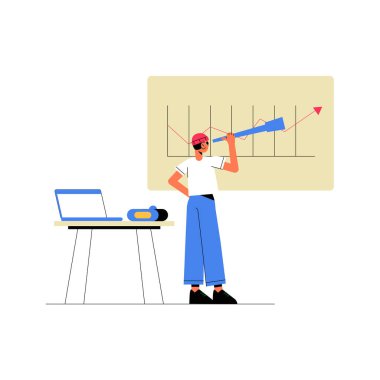 Erkek analist masadaki dizüstü bilgisayarla bir büyüme tablosunu incelemek için teleskop kullanıyor. İş analizi, tahmin ve stratejik planlamayı temsil ediyor..