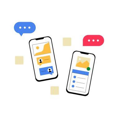 Sohbet baloncukları ve arayüz simgeleri gösteren iki akıllı telefon, sosyal medyayı, çevrimiçi iletişimi ve dijital ağı sembolize ediyor.