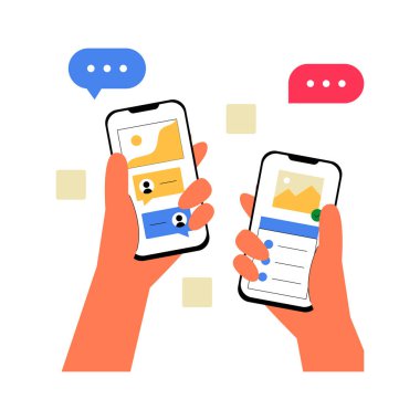 İleti simgelerine ve kullanıcı profilleri gibi arayüz detaylarına sahip iki akıllı telefon, mobil iletişimi, veri paylaşımını ve ağ oluşturmayı sembolize ediyor.