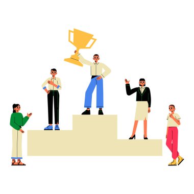 Bir kürsüde elinde kupa olan profesyonellerin tasviri, liderliği, başarıyı, takım çalışmasını ve başarıyı simgeliyor, beyaz bir arkaplanda izole edilmiş..