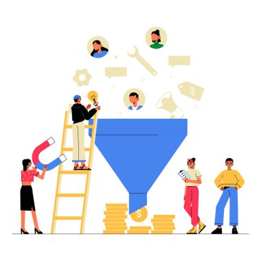 A marketing funnel surrounded by diverse professionals, including a man with a ladder and a woman with a magnet, symbolizing lead generation, sales growth, and strategy. clipart