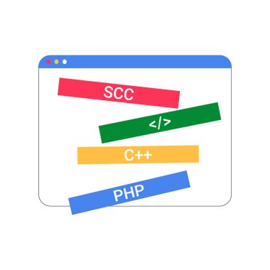 A digital screen featuring coding languages SCC, PHP, and C Plus Plus, symbolizing software development, programming, and education, displayed in a minimalistic style. clipart